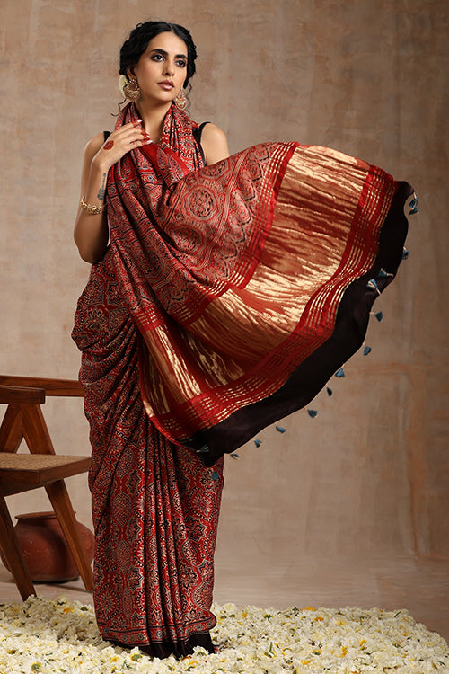 Naturally Dyed Ajrakh Modal Silk Saree (Rust / Red) – Ramanika
