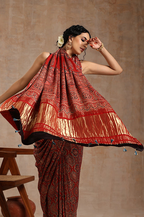 Tenaaro Ajrakh Hand Block Printed   Modal Tissue Pallu Saree (Red-3)