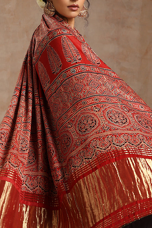 Sho Riyaz Riyaz Khatri Red Ajrakh Hand Block Print Modal Silk Saree Online ...