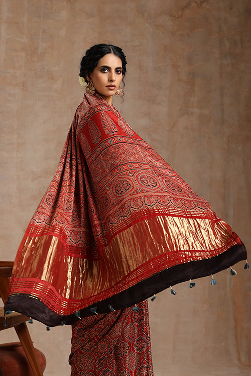 Tenaaro Ajrakh Hand Block Printed   Modal Tissue Pallu Saree (Red-3)