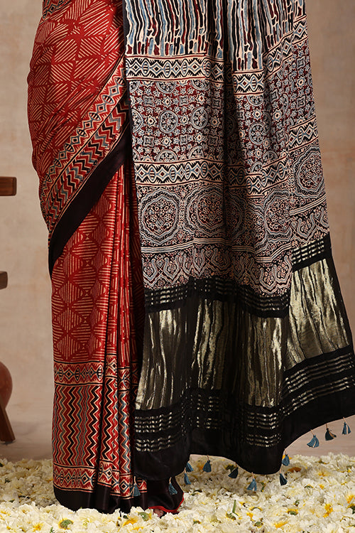 Riyaz Khatri Red Ajrakh Hand Block Print Modal Tissue Pallu Saree Online