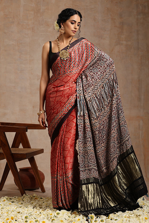 Riyaz Khatri Red Ajrakh Hand Block Print Modal Tissue Pallu Saree Online