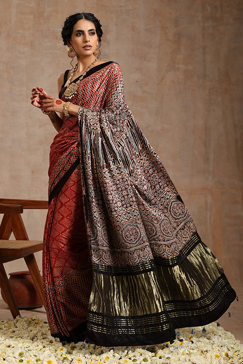 Riyaz Khatri Traditional Ajrakh Hand Block Printed  And Natural Dye Modal Tissue Pallu  Red Saree