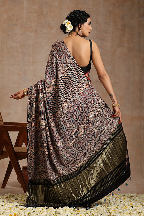 Tenaaro Ajrakh Hand Block Printed Modal Tissue Pallu  Saree (Red-2)