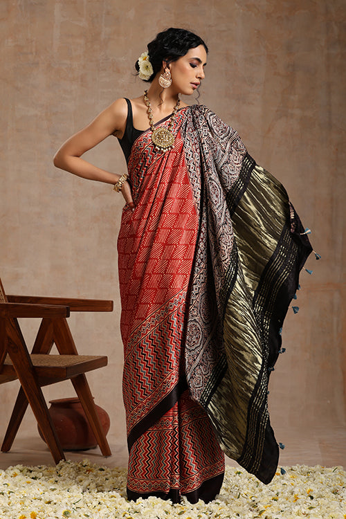 Tenaaro Ajrakh Hand Block Printed Modal Tissue Pallu  Saree (Red-2)