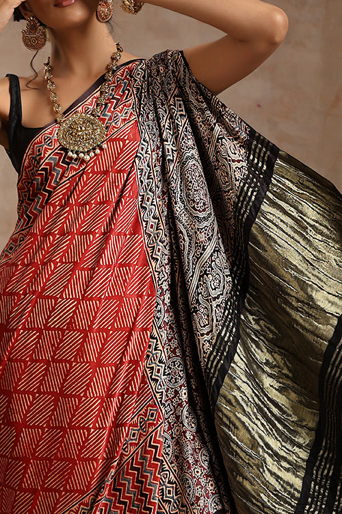 Tenaaro Ajrakh Hand Block Printed Modal Tissue Pallu  Saree (Red-2)