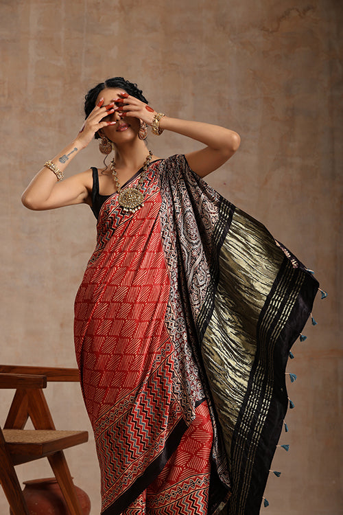 Tenaaro Ajrakh Hand Block Printed Modal Tissue Pallu  Saree (Red-2)