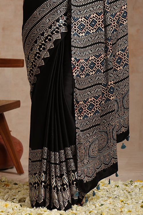 Tenaaro Ajrakh Hand Block Printed   Blck Modal Saree (Black-5)