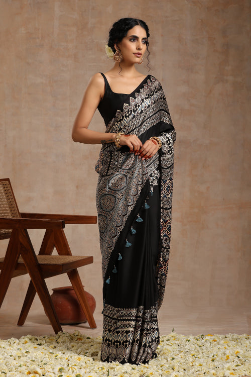 Riyaz Khatri Black Hand Block Print Modal Silk Ajrakh Saree Online