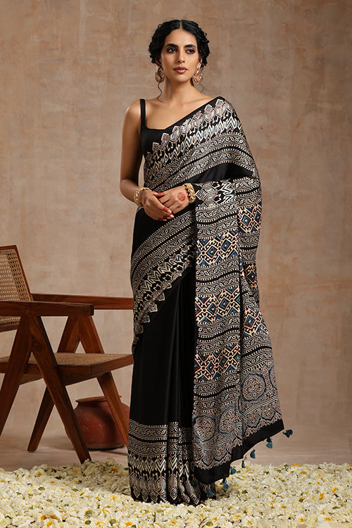 Riyaz Khatri Black Hand Block Print Modal Silk Ajrakh Saree Online