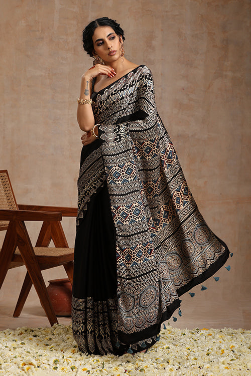 Tenaaro Ajrakh Hand Block Printed   Blck Modal Saree (Black-5)