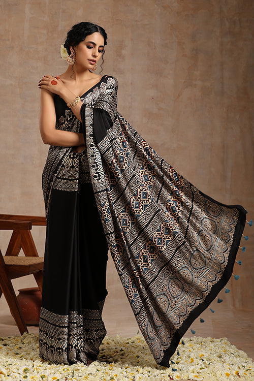 Tenaaro Ajrakh Hand Block Printed   Blck Modal Saree (Black-5)