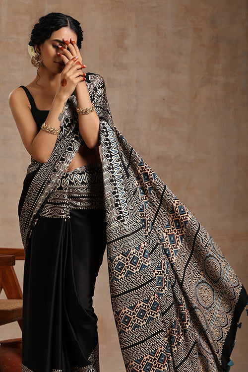 Tenaaro Ajrakh Hand Block Printed   Blck Modal Saree (Black-5)