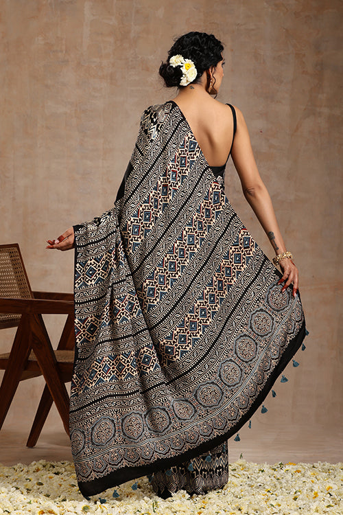 Tenaaro Ajrakh Hand Block Printed   Blck Modal Saree (Black-5)