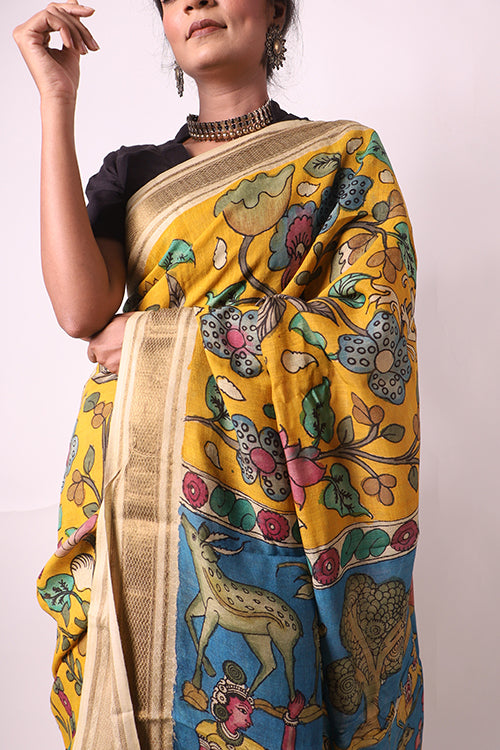 Blue Floral Motif Kalamkari Silk Saree| Peepal Clothing